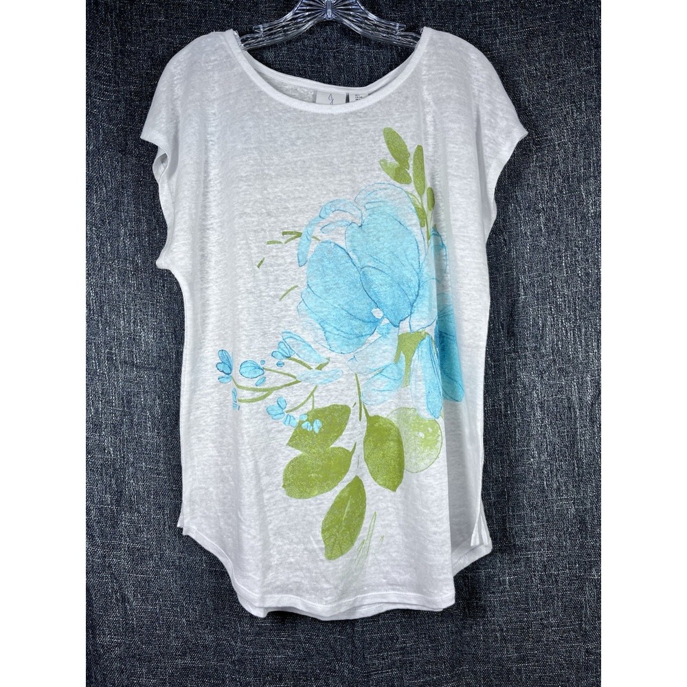 NWT JOIE Sz L 100% Linen Top Ivory Floral Print Blue Aqua Green Knit New